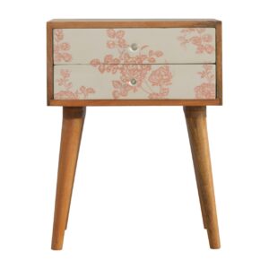Charming Pink Floral Screen Printed Wood Bedside Table